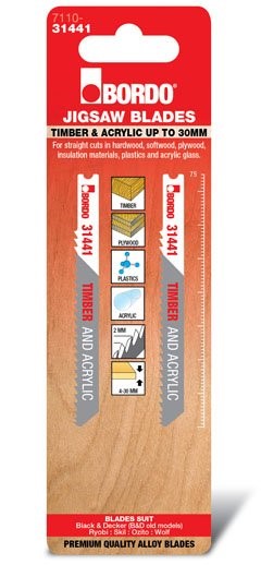 BORDO JIG SAW HCS UNIV. SHNK STRAIGHT CUT 75MM TIMBER/ACRYLIC 2 PK